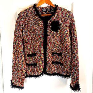 Christina Rotelli Multicolor Woven Knit Fringed Cardigan Sweater